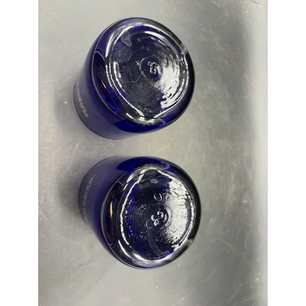 Harveys Bristol Cream Cobalt Blue Sherry Glasses Set of 2 Gold Logo Vintage